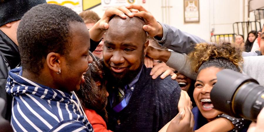Students congratulate Gibbs-Bowling after Senator Patty Murray announce him as winner of the 2013-’14 Milken Educator Award.