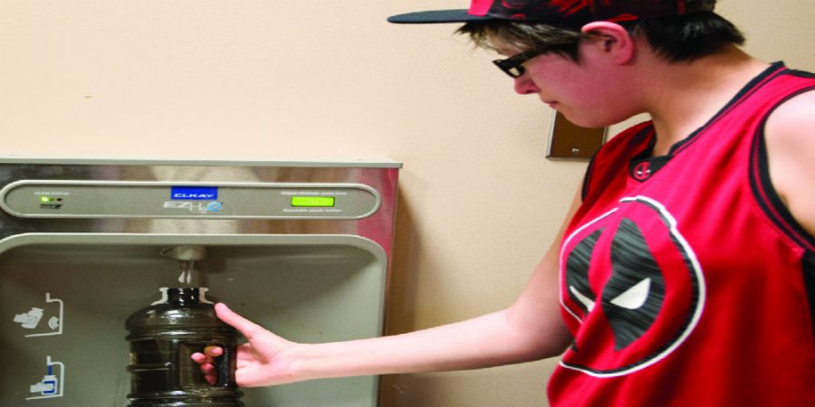 A Hydration Station in use.  The counter for gallons of water saved is on the top right.
