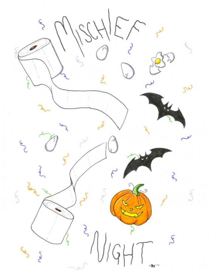 toilet paper, jack-o-latern, bats, eggs, mischief night