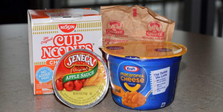 top ramen, applesauce, oatmeal, and mac & cheese