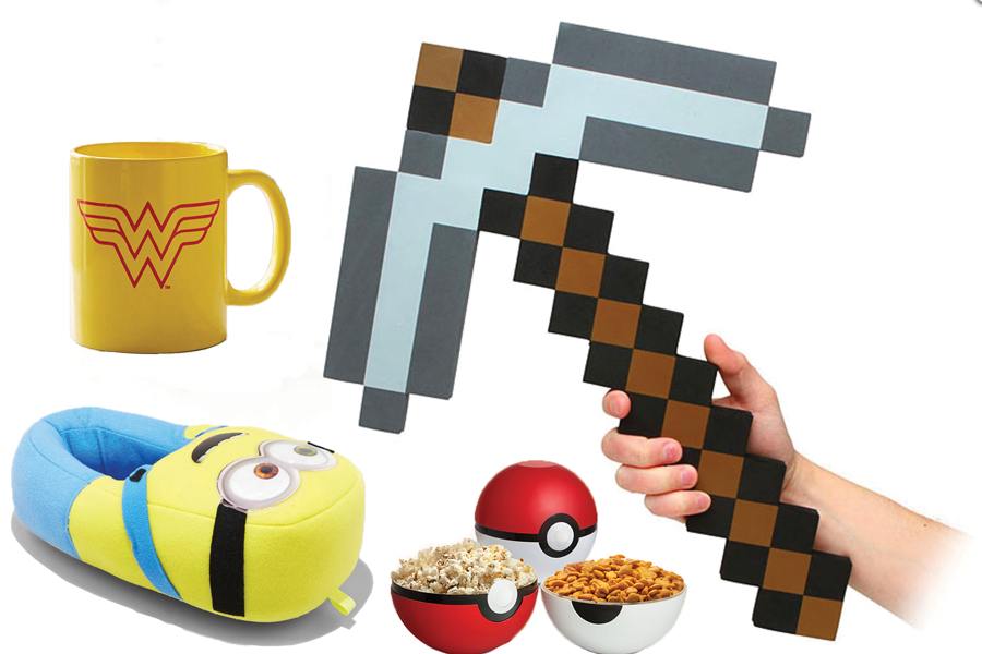 wonder woman mug, minion slipper, pokemon popcorn bowls, minecraft axe