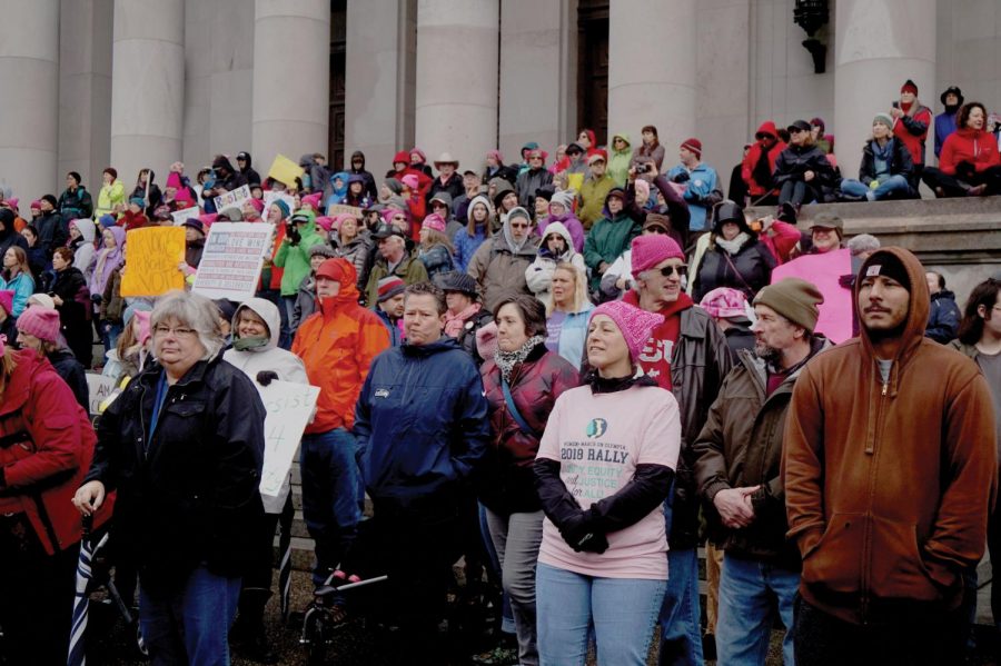 Protestors standing before the courtyard