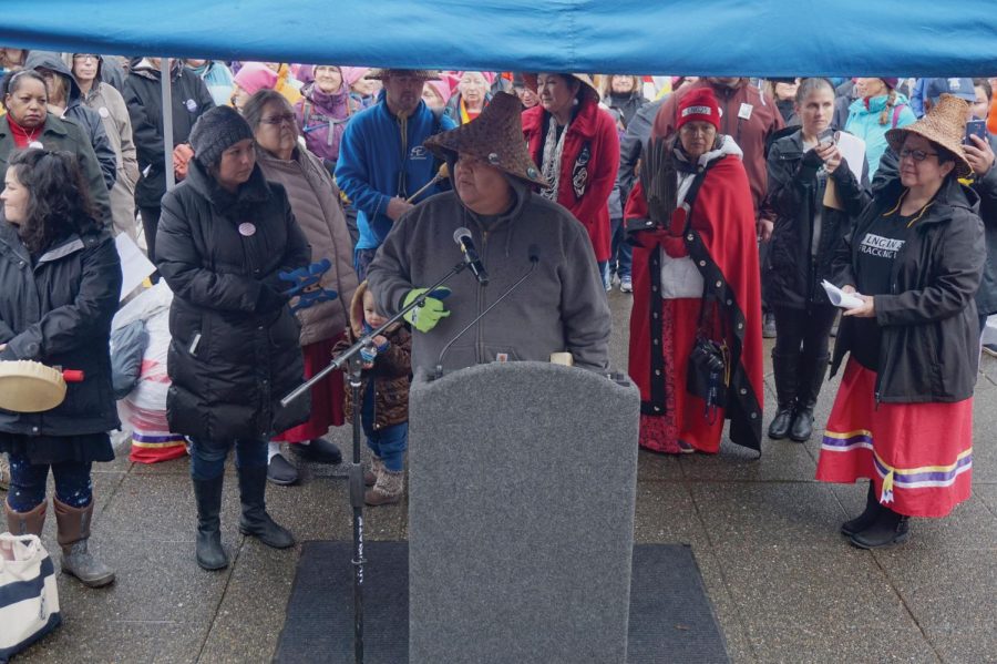 Native American speaker preparing to introduce a song to protestors