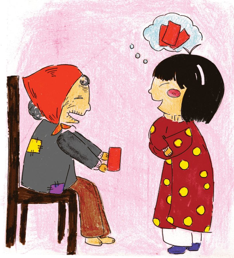 Older people give the young lucky money in Lunar New Year.