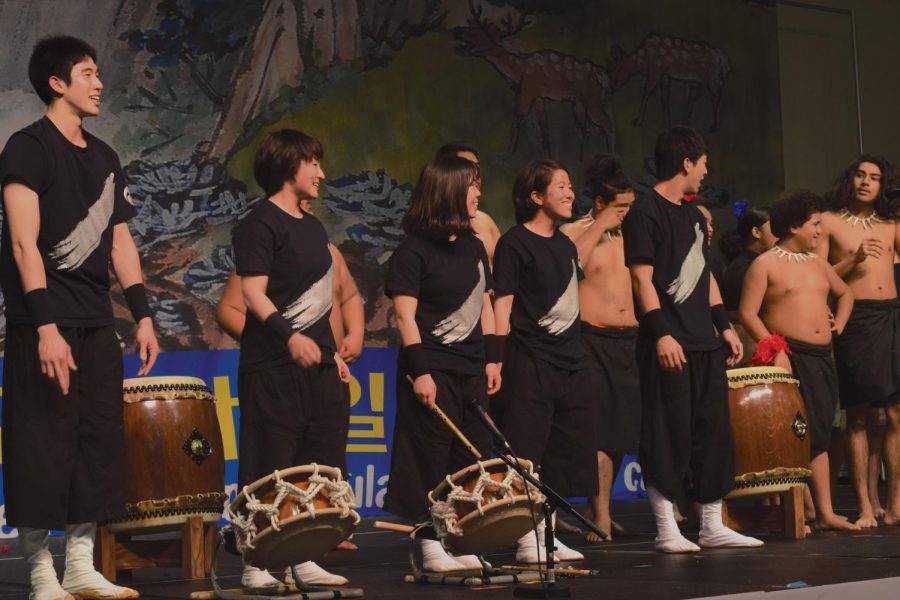 Taiko members and other performers are on the stage at the Tacoma Dome on Feb.10 for the Asian Pacific New Year festival.