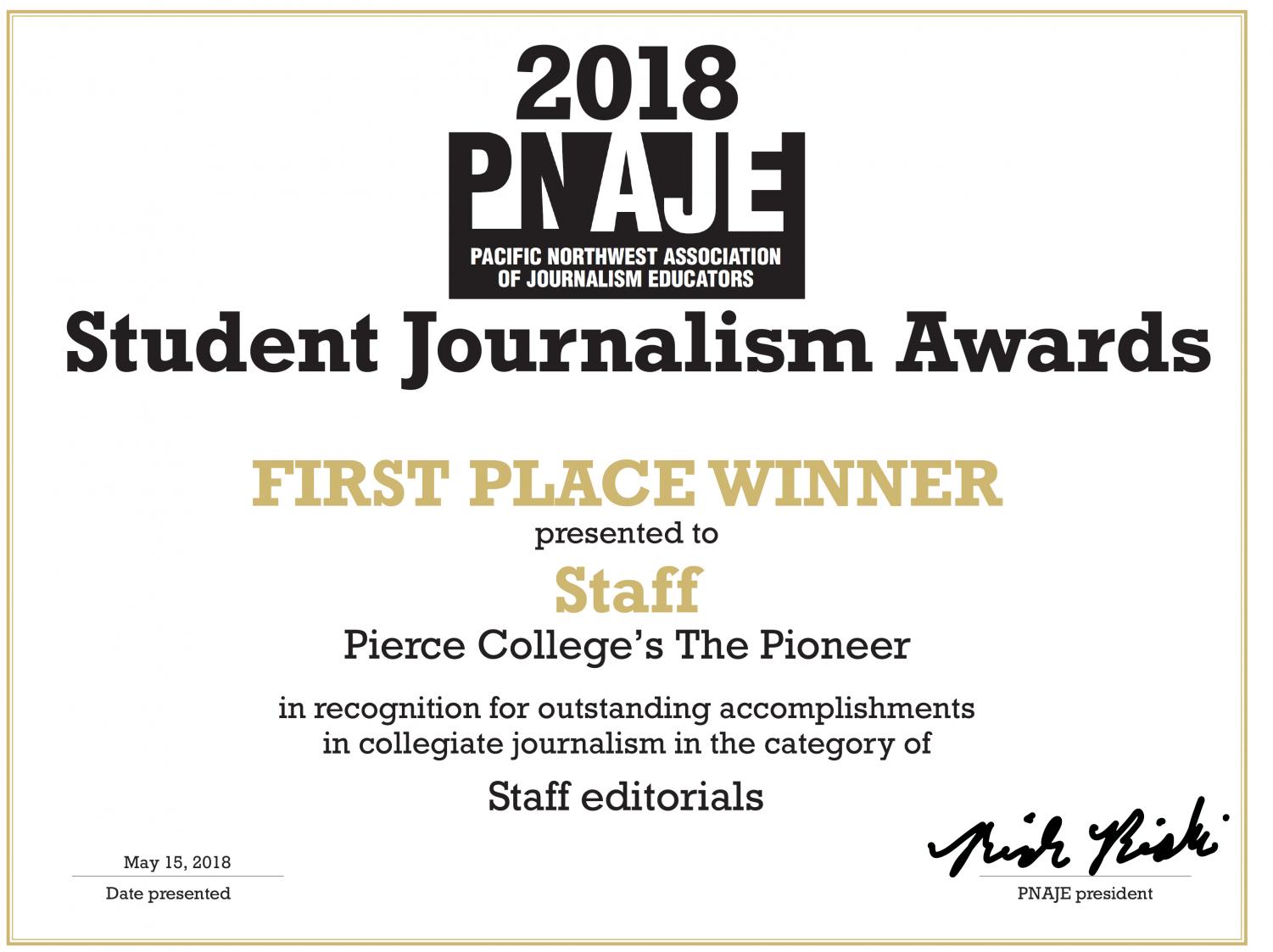 PNAJE 2018 winners in college journalism  contest