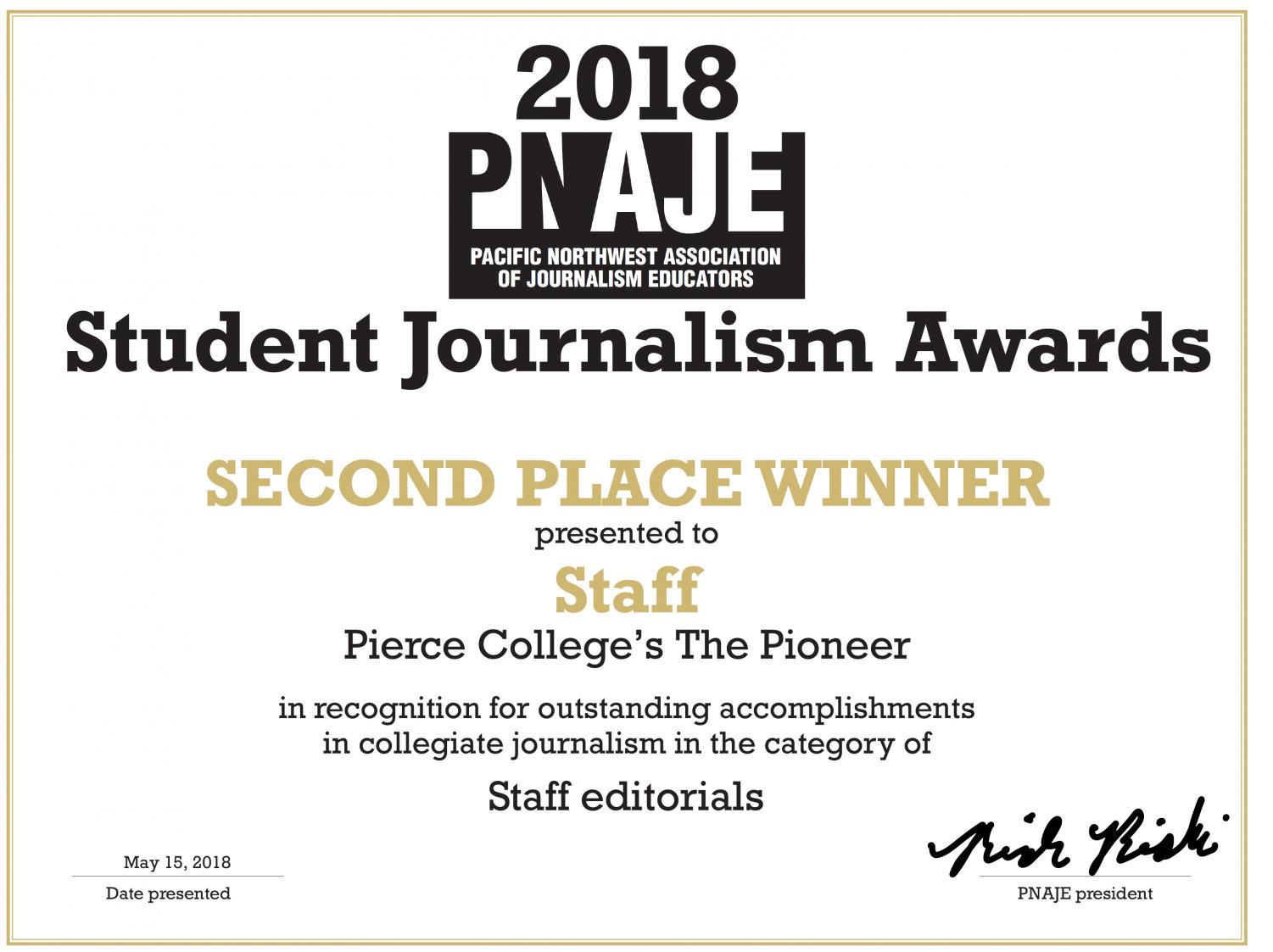 PNAJE 2018 winners in college journalism  contest