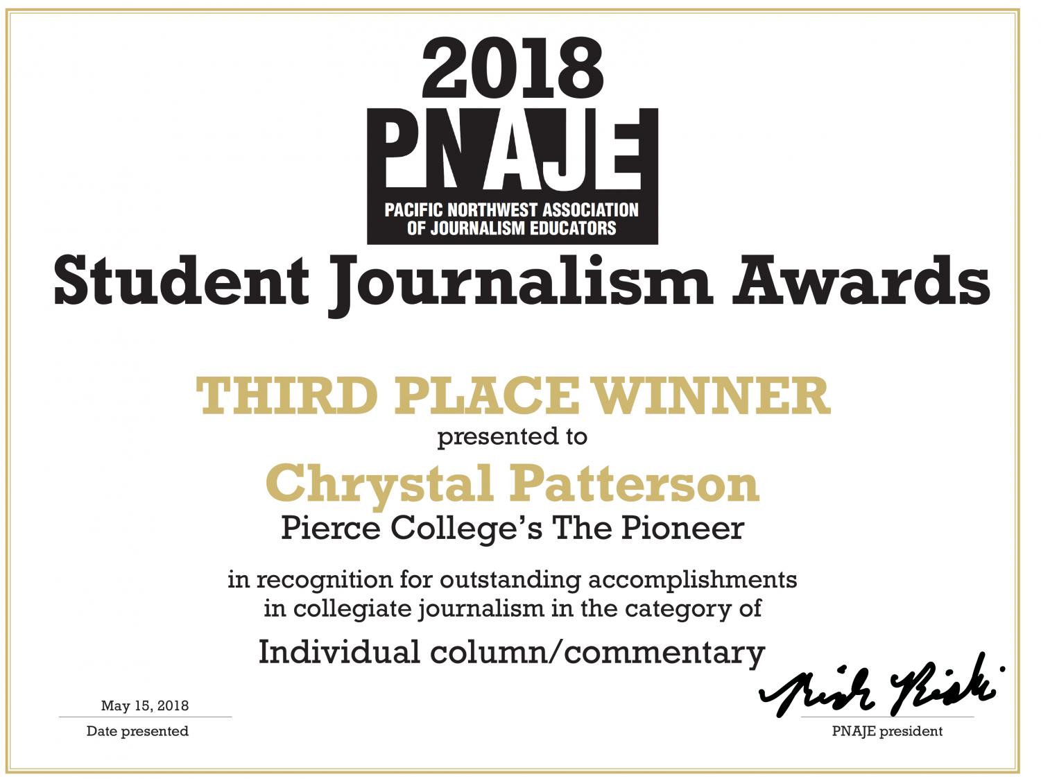 PNAJE 2018 winners in college journalism  contest
