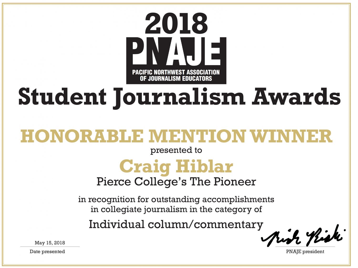 PNAJE 2018 winners in college journalism  contest