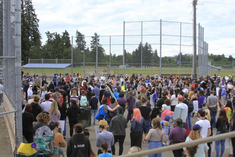 Protesters gathered to listen to speakers. 