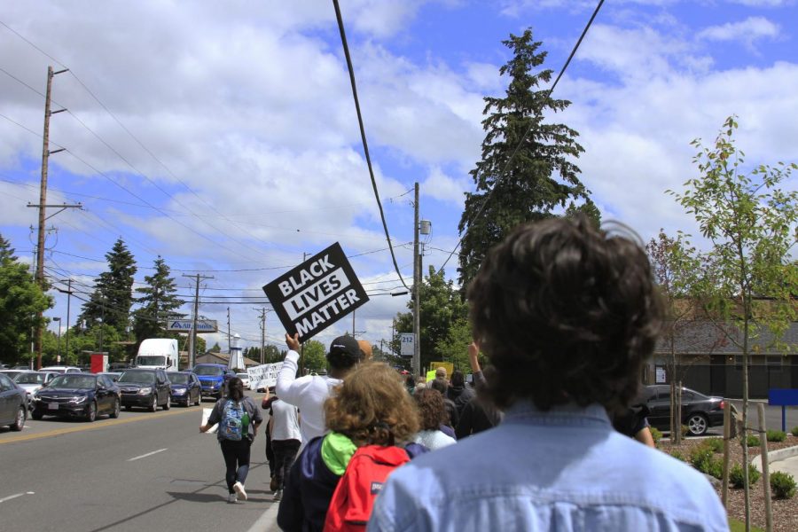 Protestors walking down Steilacoom boulevard.