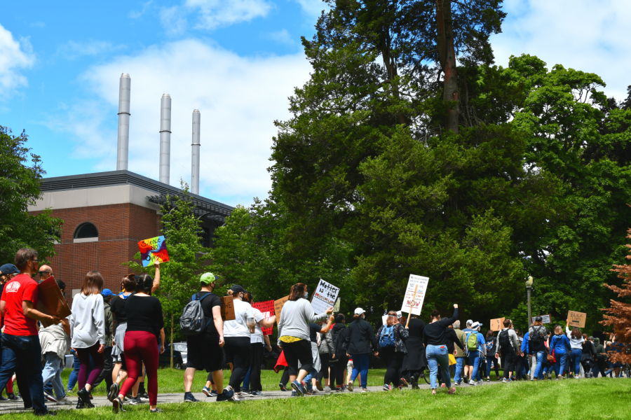 Many people joined teachers in their peaceful march from Stadium High School to Wrights park in Tacoma.