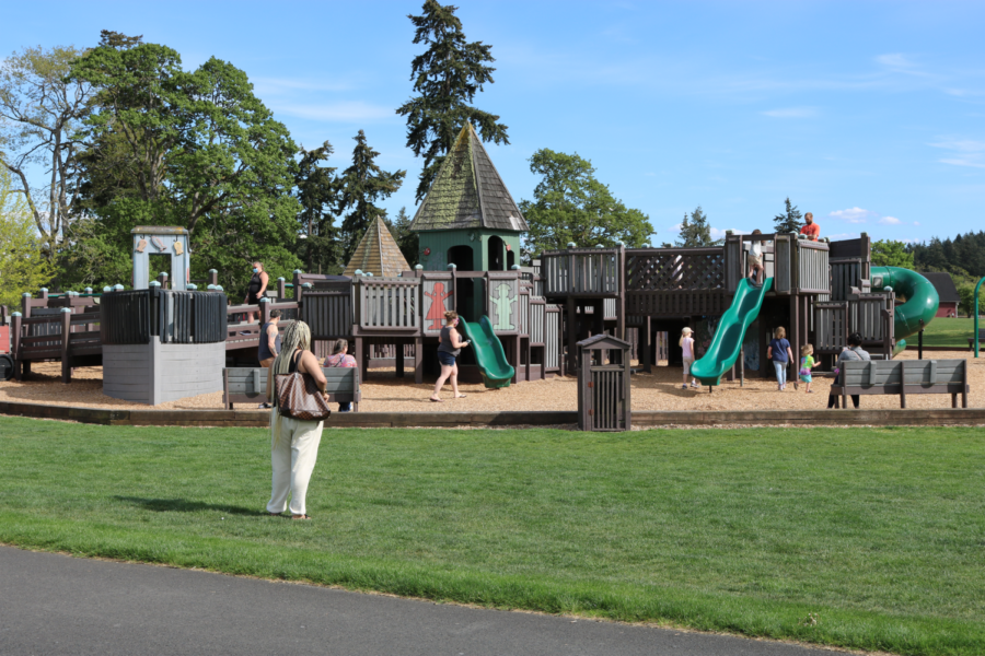Young children play on the castle while parents watch from the grass and benches. 