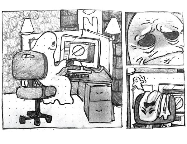 Ghost is sitting at a computer and is having computer issues. Ghost has a tired, upset facial expression, and deflates while leaning back in a chair.