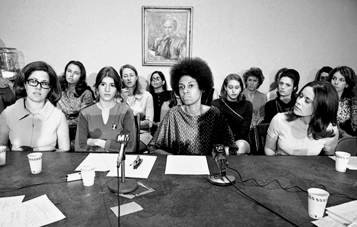 Forty-six female employees announce their lawsuit against Newsweek for gender discrimination under the 1964 Civil Rights Act. Eleanor Holmes Norton (front, center), a future U.S. representative, was their attorney.