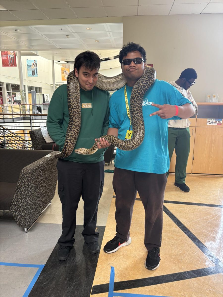 Student Media Staff Graphic Designer, Jordy De La Cuba and Online Editor in Chief, Sean Pule, hang out with a big ol snake during the spring R.A.D event.